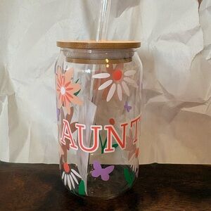 Floral Auntie Glass Cup W/ Bamboo Lid & Straw